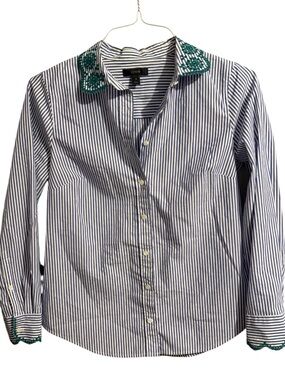 J. Crew Navy and White Striped Button-Down Shirt with Green Trim
